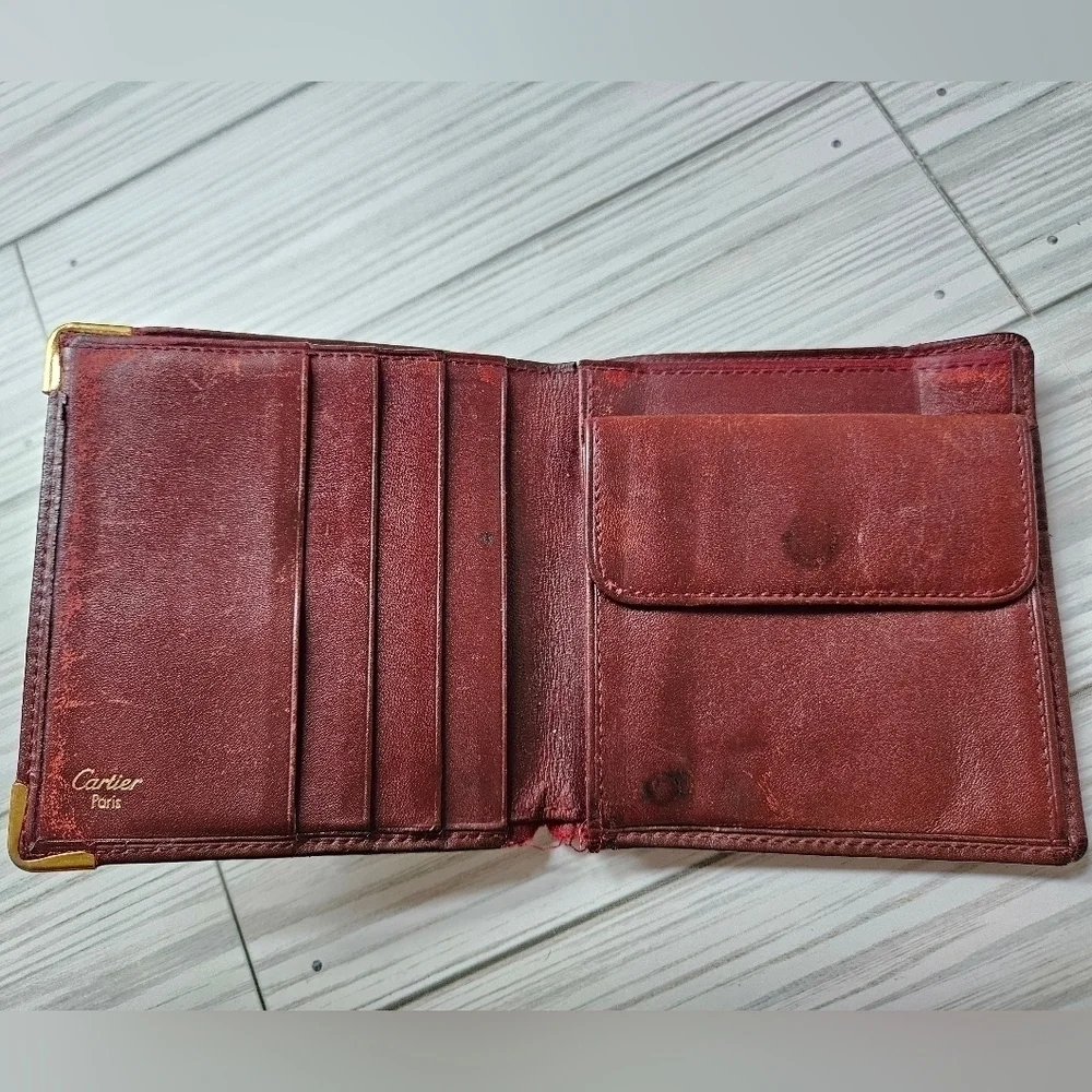 Cartier Vintage Must De Bi Fold Wallet with Coin Pouch in Burgundy Leather